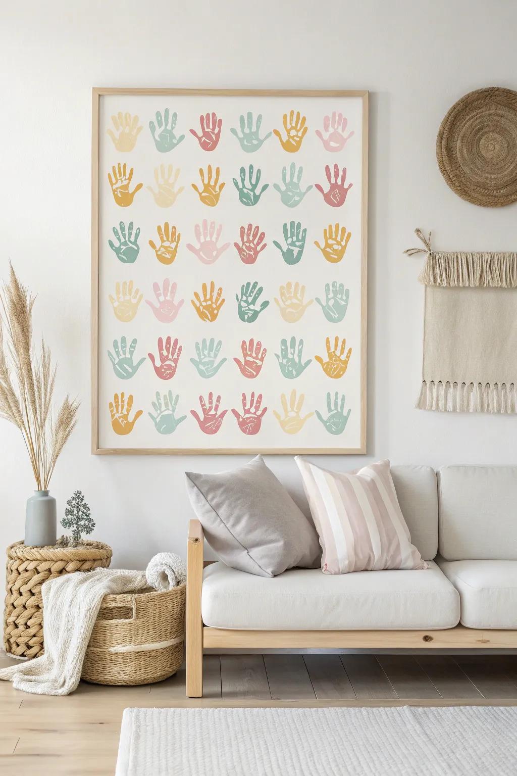 Capture a moment in time with a handcrafted symphony of color—100 vibrant handprints in a minimalist setting.