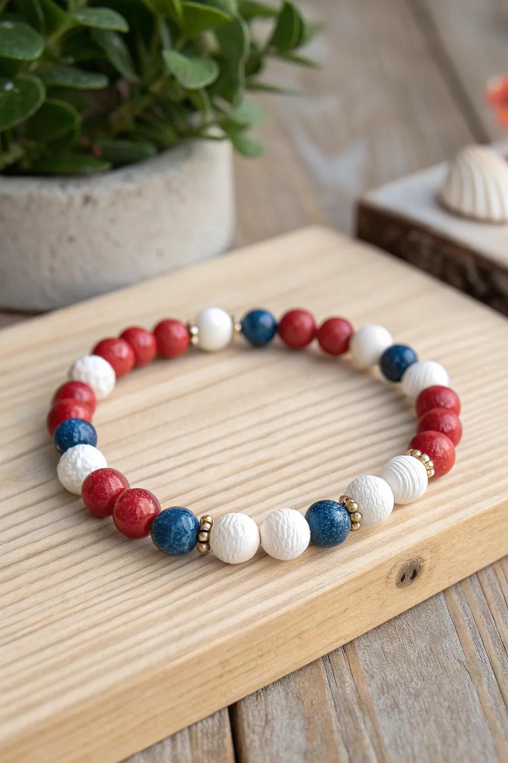 Celebrate in style with a handcrafted clay bead bracelet in classic red, white, and blue—perfect for the 4th of July!