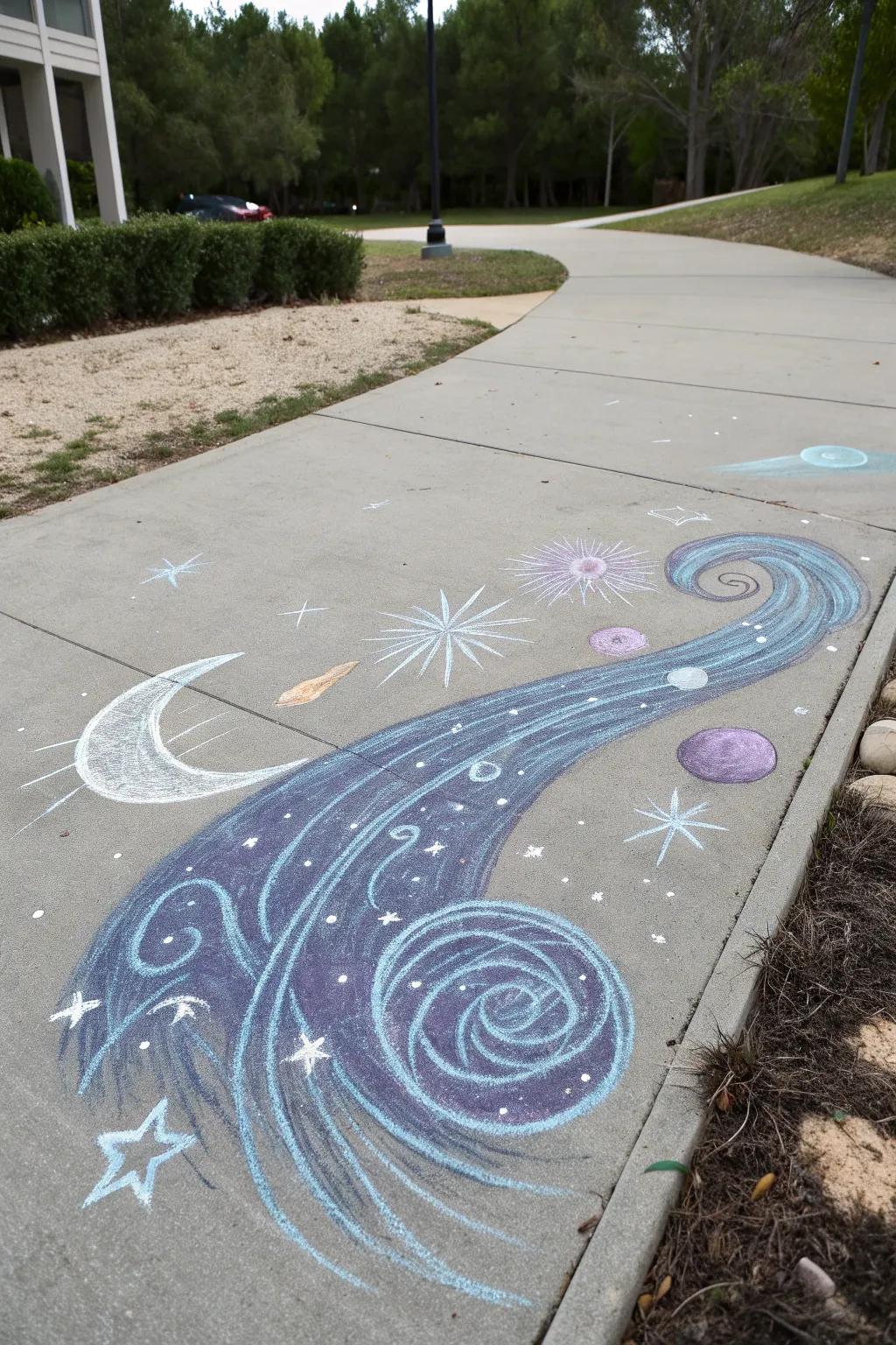 Dive into the cosmos with this enchanting chalk art galaxy, where simplicity meets celestial beauty.
