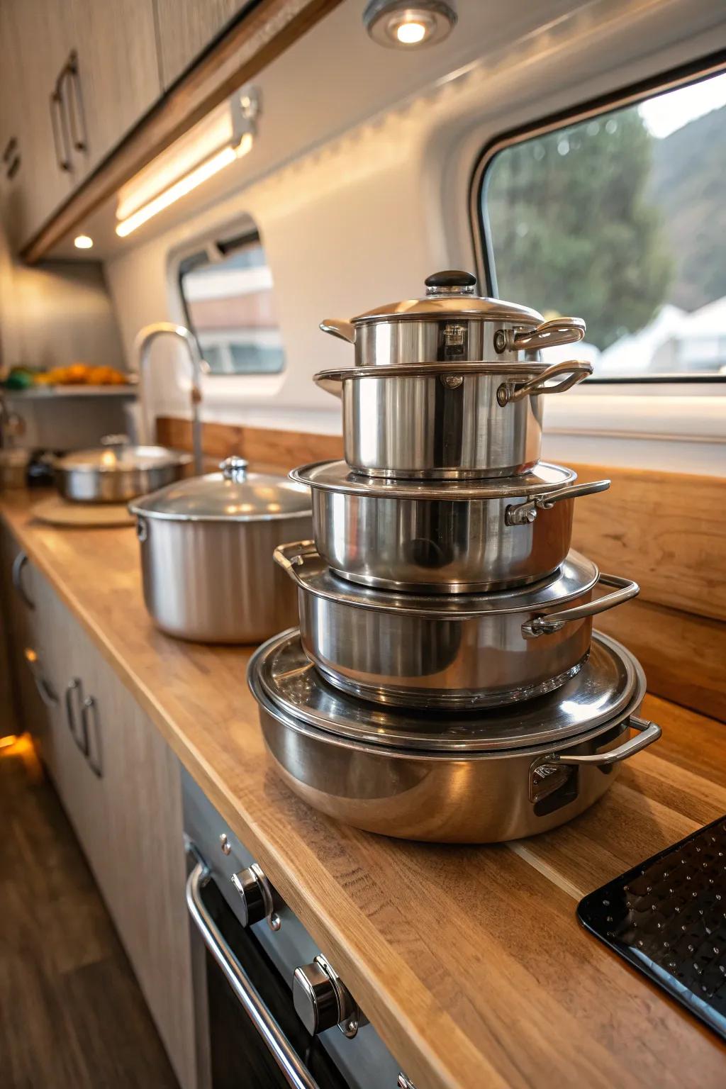 Maximize your Airstream kitchen with sleek, space-saving nesting cookware.