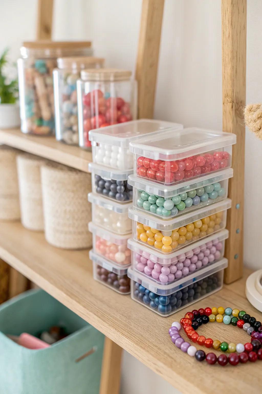 Organize your creativity with stylish stackable containers that showcase your bead collection beautifully.