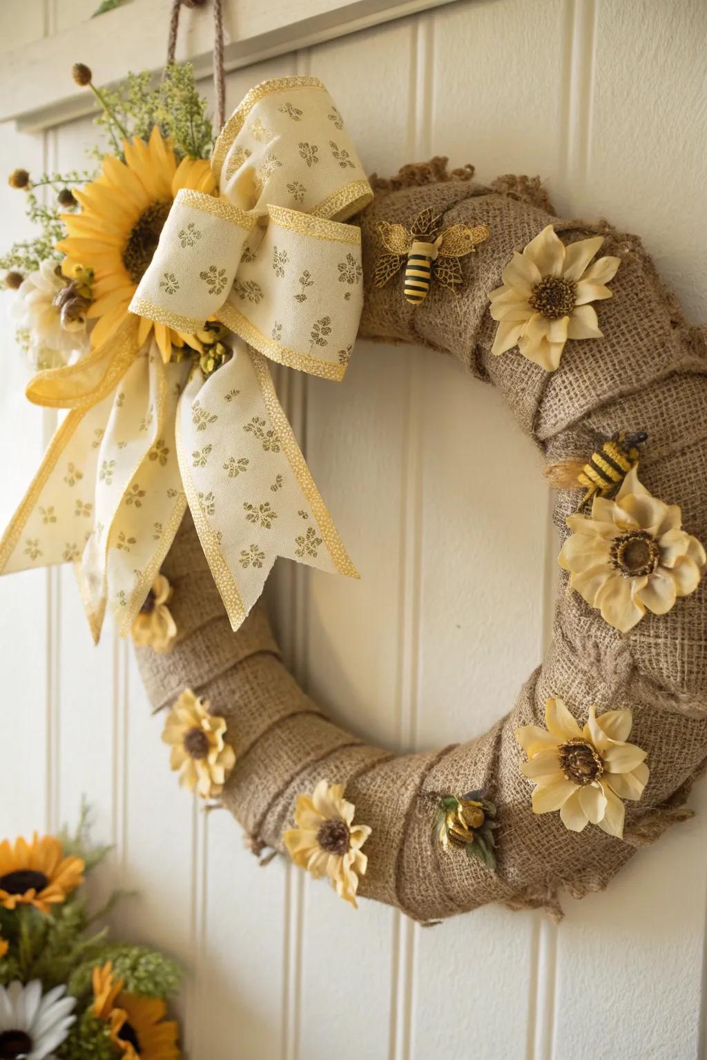 Bring a touch of sunshine and rustic charm to your door with this handcrafted Burlap Bee Wreath.