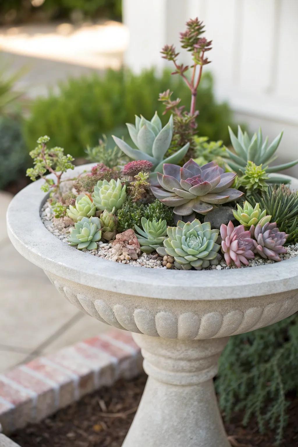 Transform your bird bath into a Succulent Oasis: A minimalist masterpiece for your garden.