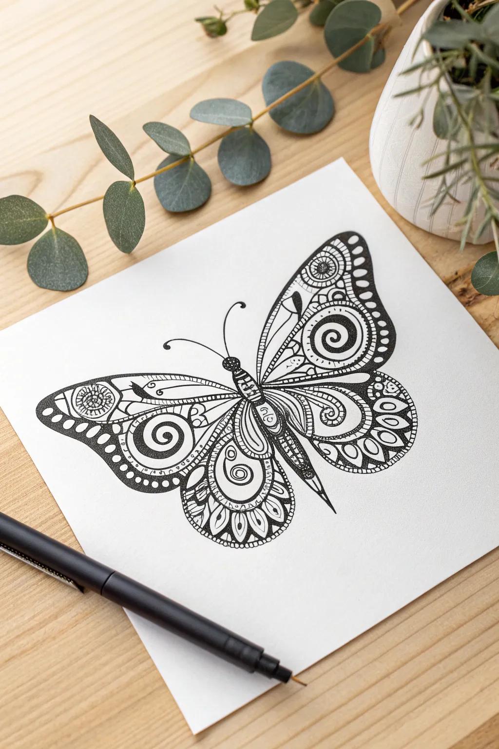 Dance of Patterns: Embrace the beauty of black pen art with a whimsical butterfly design that marries symmetry and creativity.