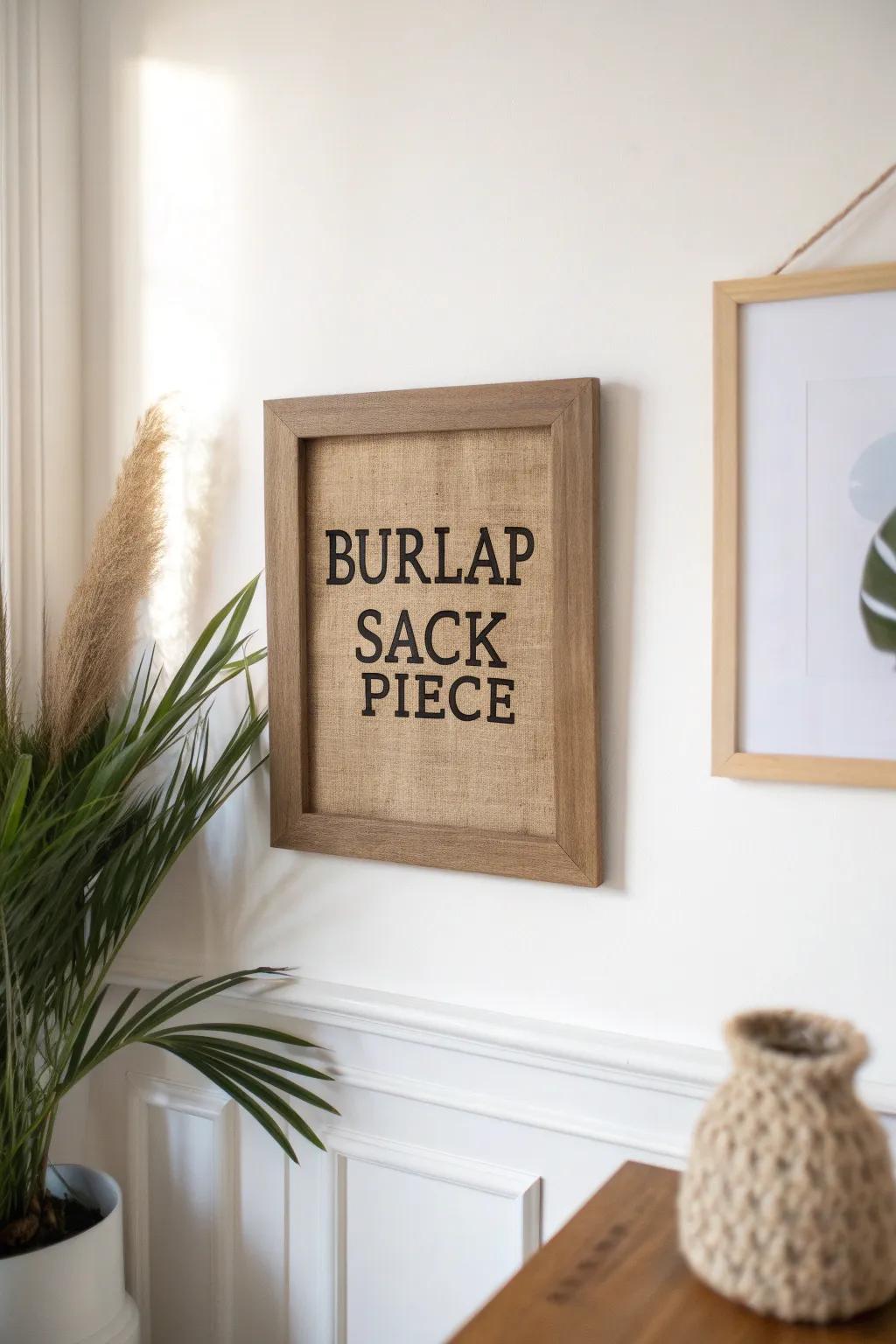 Elevate your space with rustic charm: Framed burlap wall art for a minimalist and boho aesthetic.