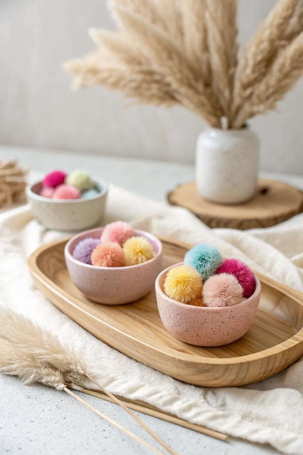 Engage your toddler in a playful color adventure with this elegant pom pom sorting game!