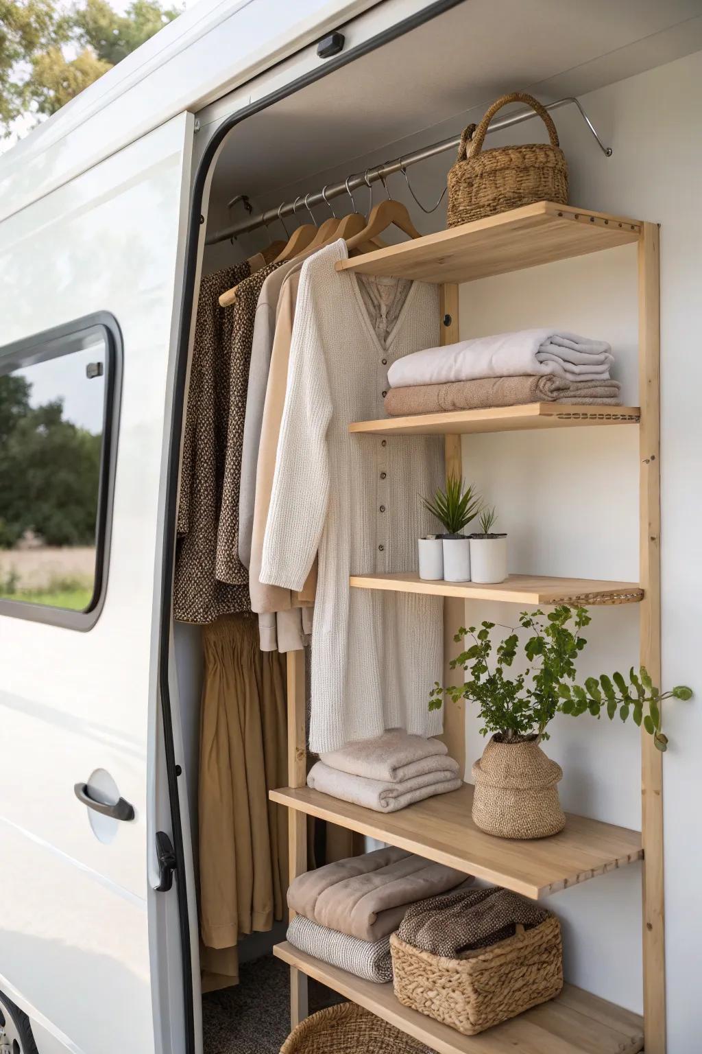 Transform your camper closet with chic hanging shelves for effortless style and organization.