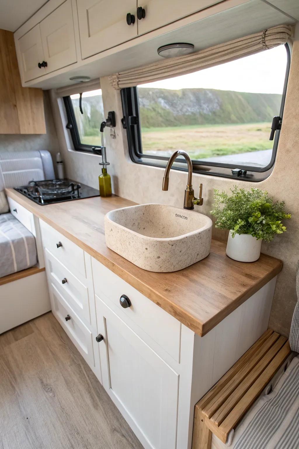 Maximize your campervan space with this chic corner sink, blending minimalist design with natural elegance.