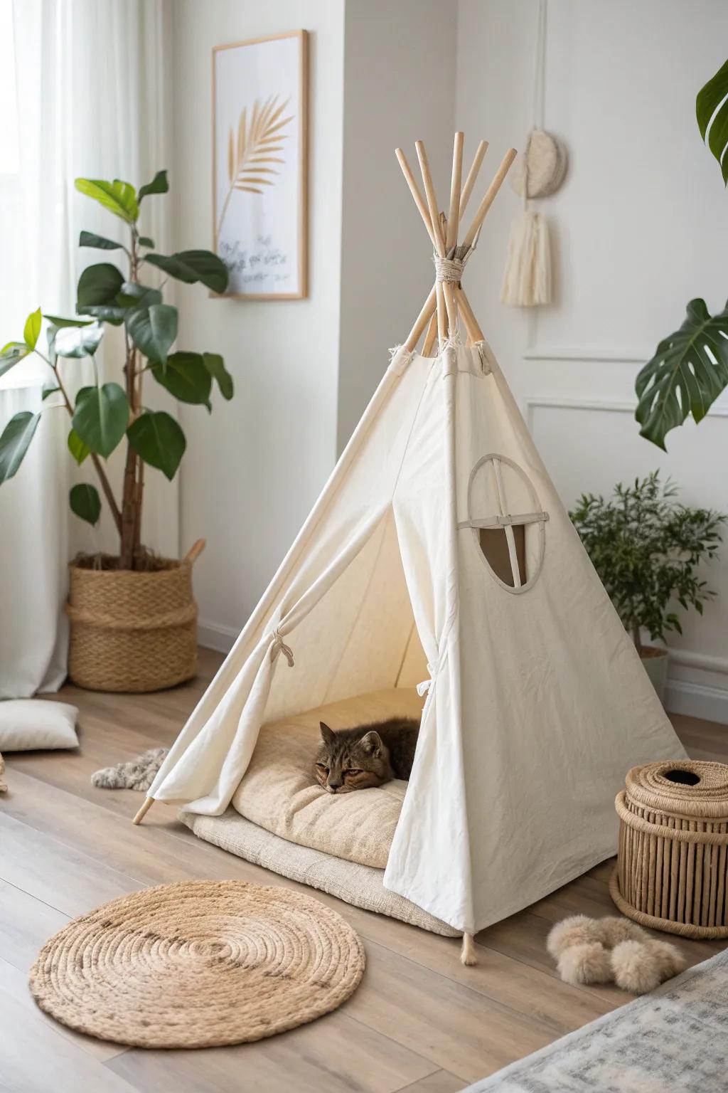 Transform your cat's nap time with a chic, handmade teepee haven! 🌿✨