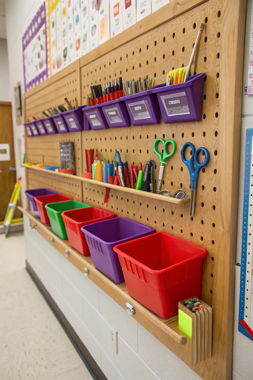 Transform your classroom into a vibrant hub of organization with a rainbow pegboard.