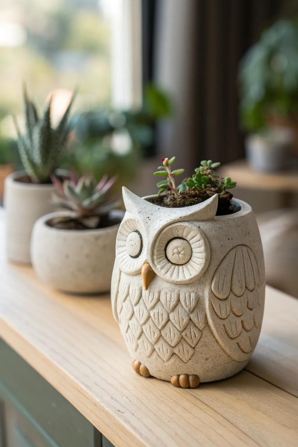 Bring a smile to your space with this charming owl clay planter, blending minimalist elegance with a boho twist.