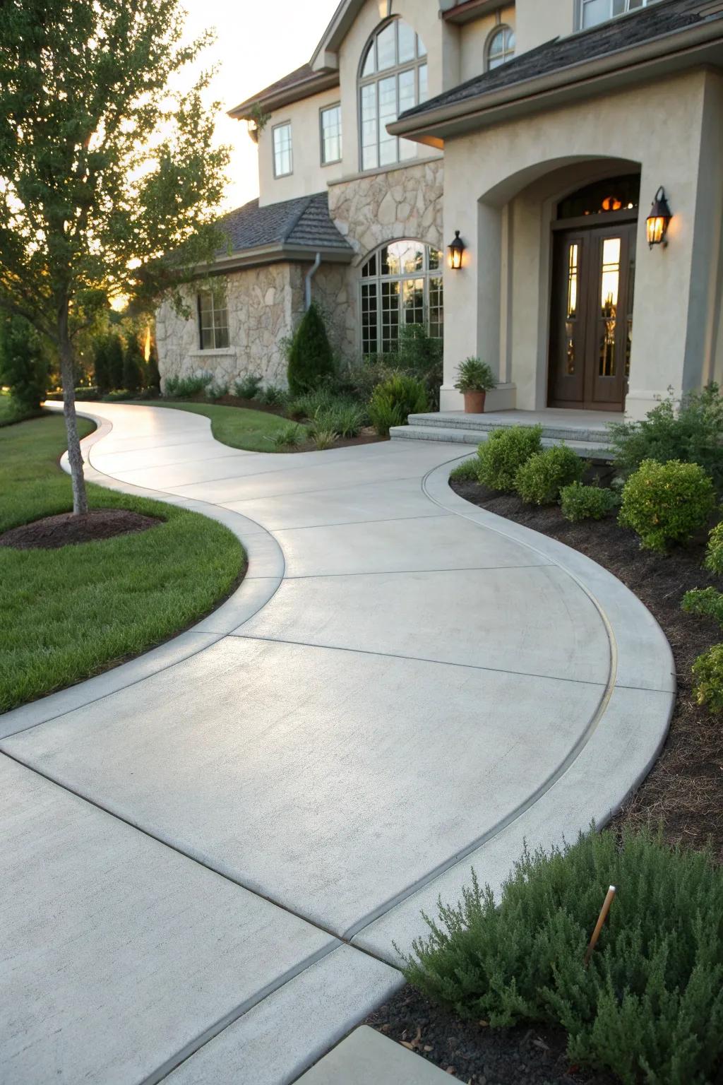 Graceful Curves: Elevate your home's entrance with a masterfully crafted concrete pathway.