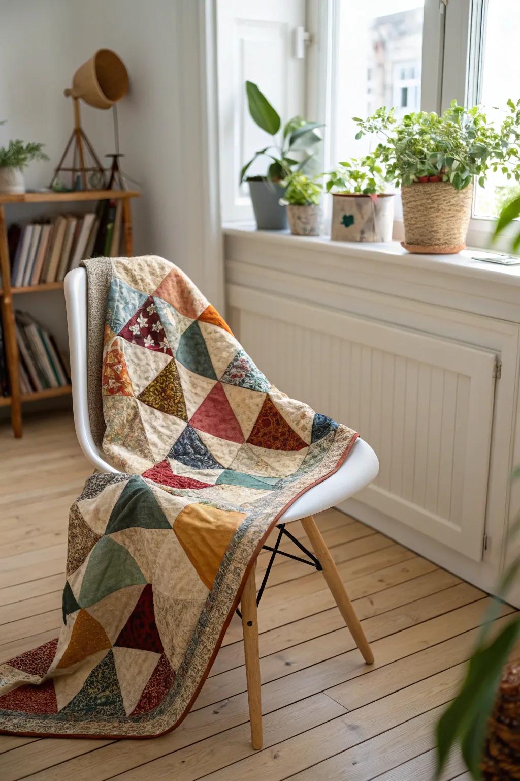 Discover the artistry in every stitch with this vibrant crumb quilt, where unexpected fabric combinations create a masterpiece of color and texture.