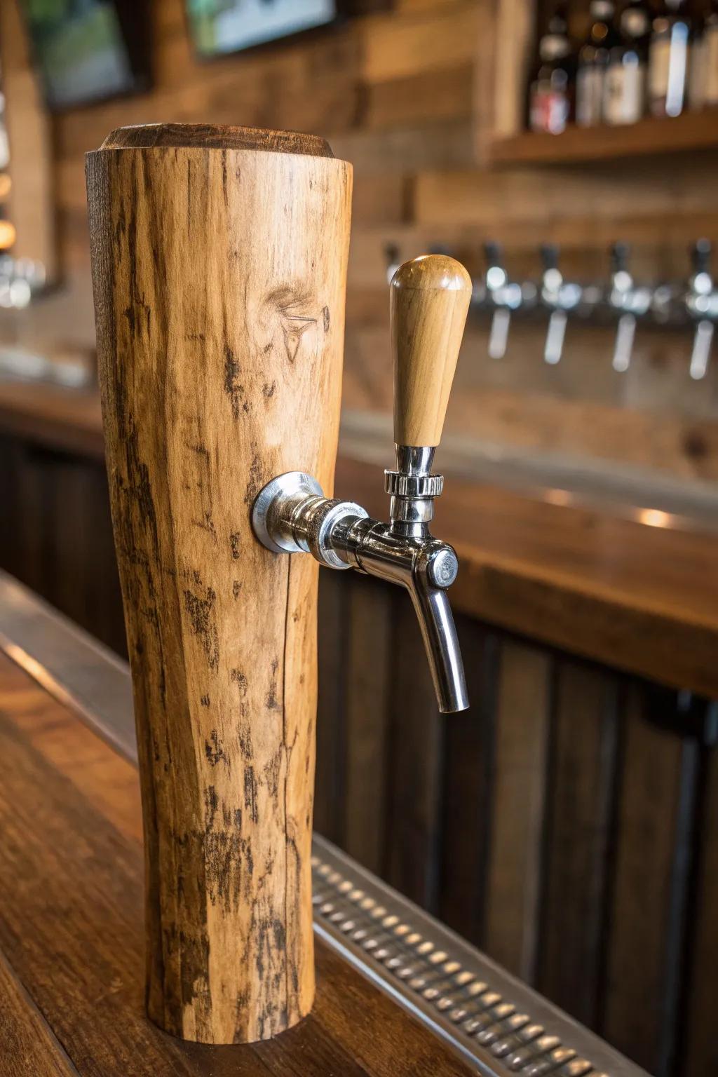 Embrace rustic charm with a handcrafted wooden log tap handle.