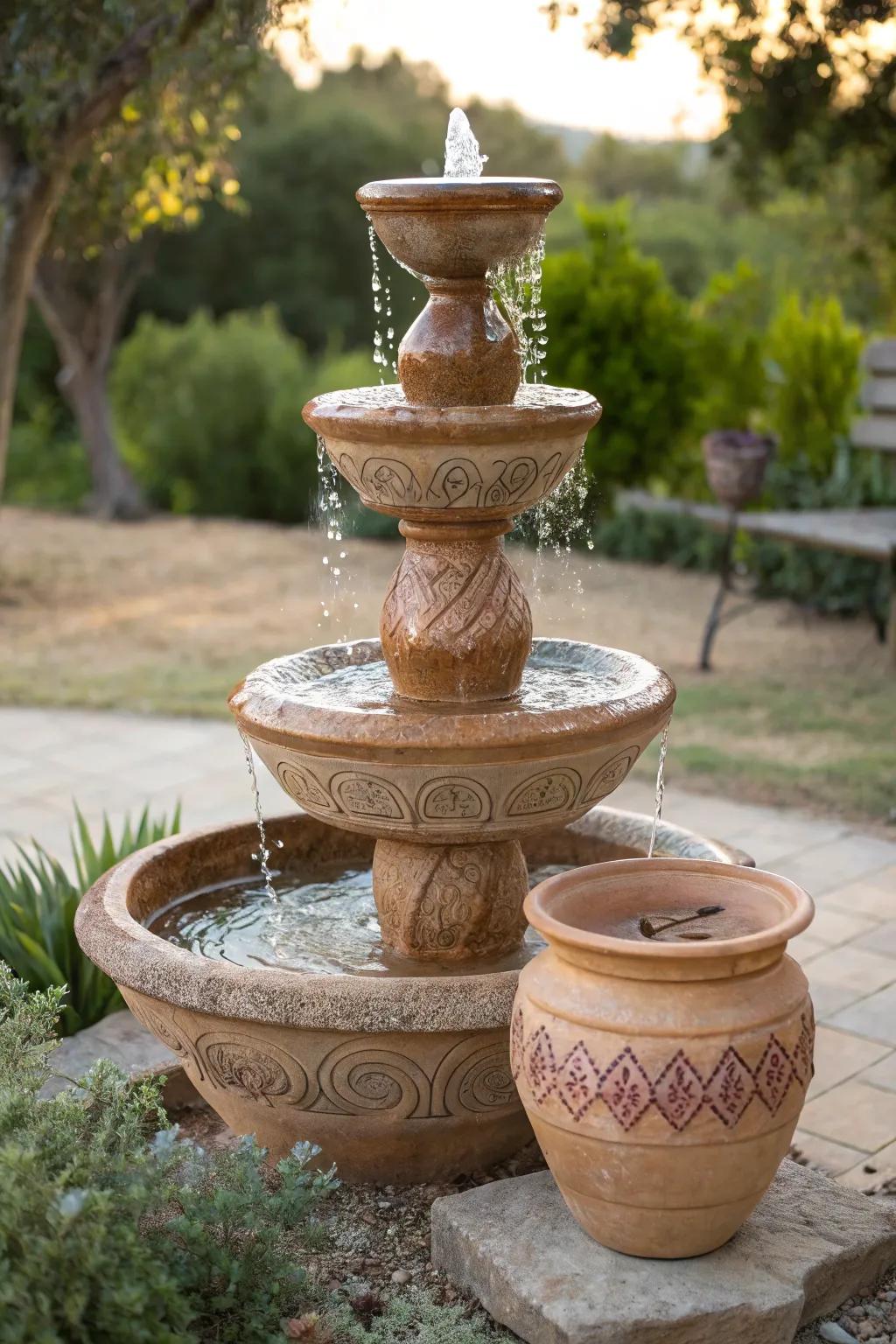 Elevate your garden with a charming tiered pot fountain, where simplicity meets natural elegance.