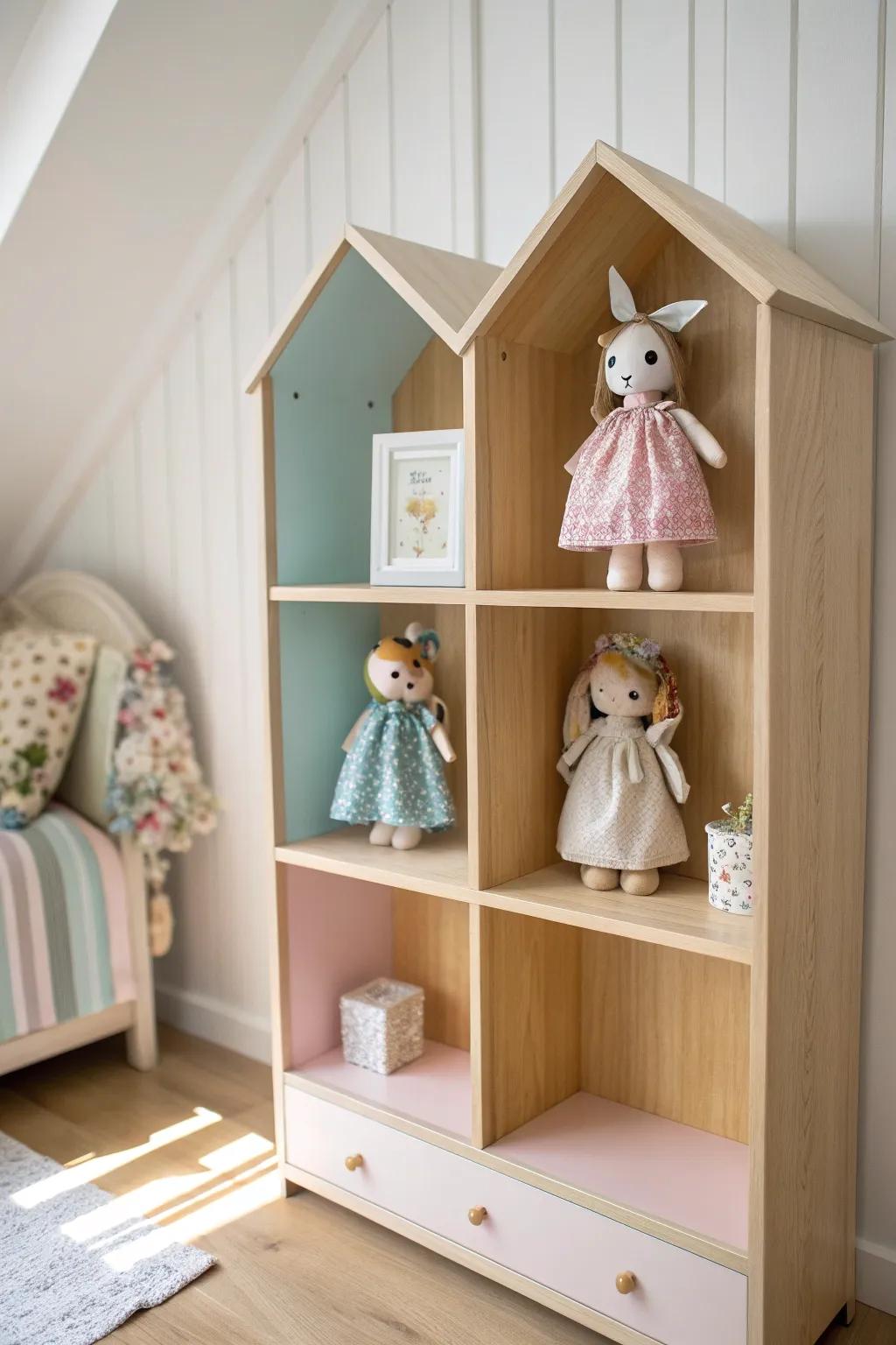 Turn your doll storage into a work of art with minimalist shelving that complements their beauty.