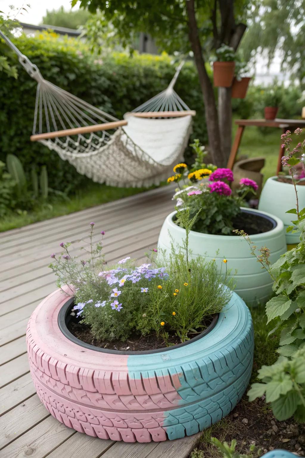 Transform old tires into charming planters for a splash of color and creativity in your garden!