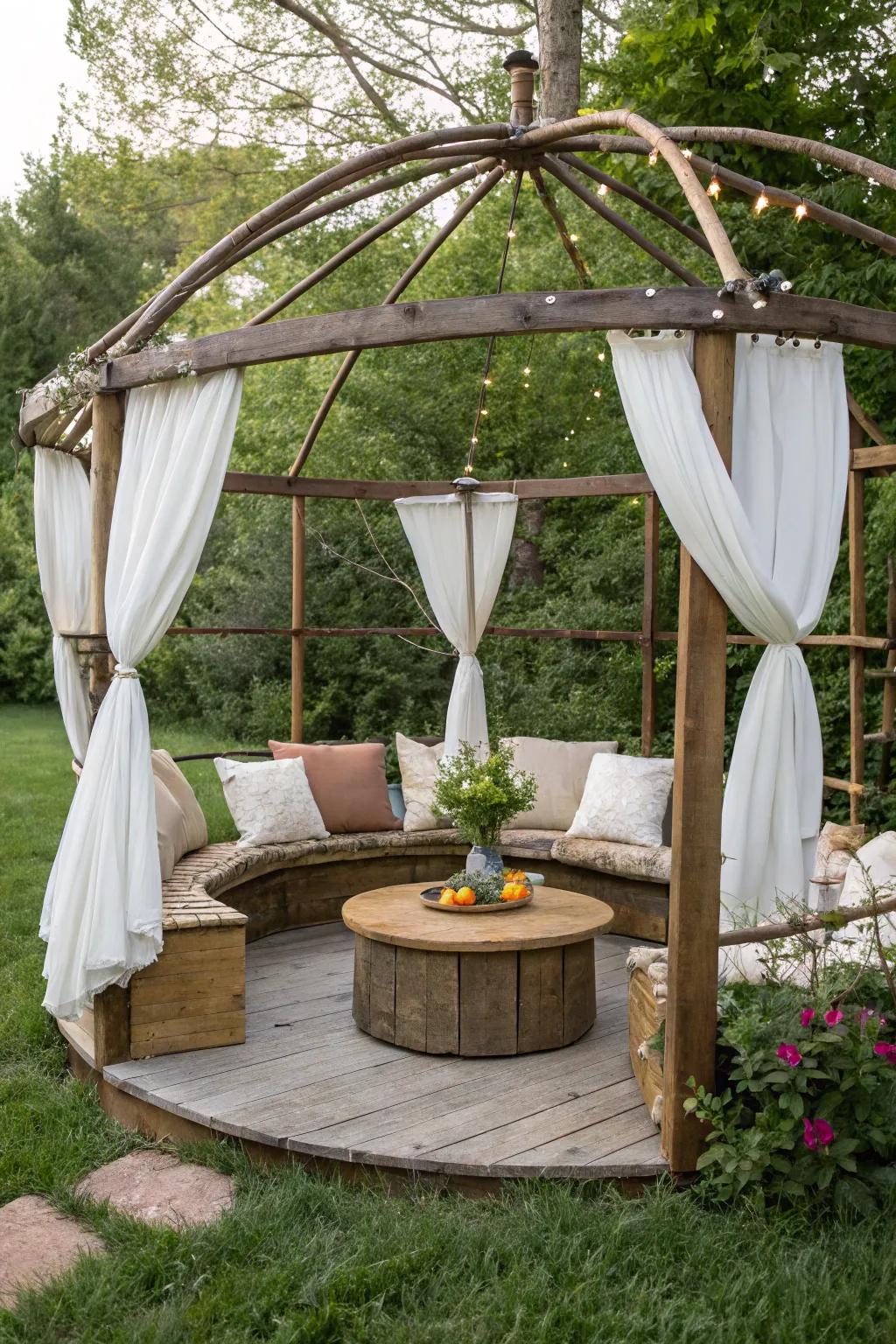 Transform your old trampoline frame into a cozy garden retreat. Perfect for relaxing afternoons and enjoying a cup of tea.