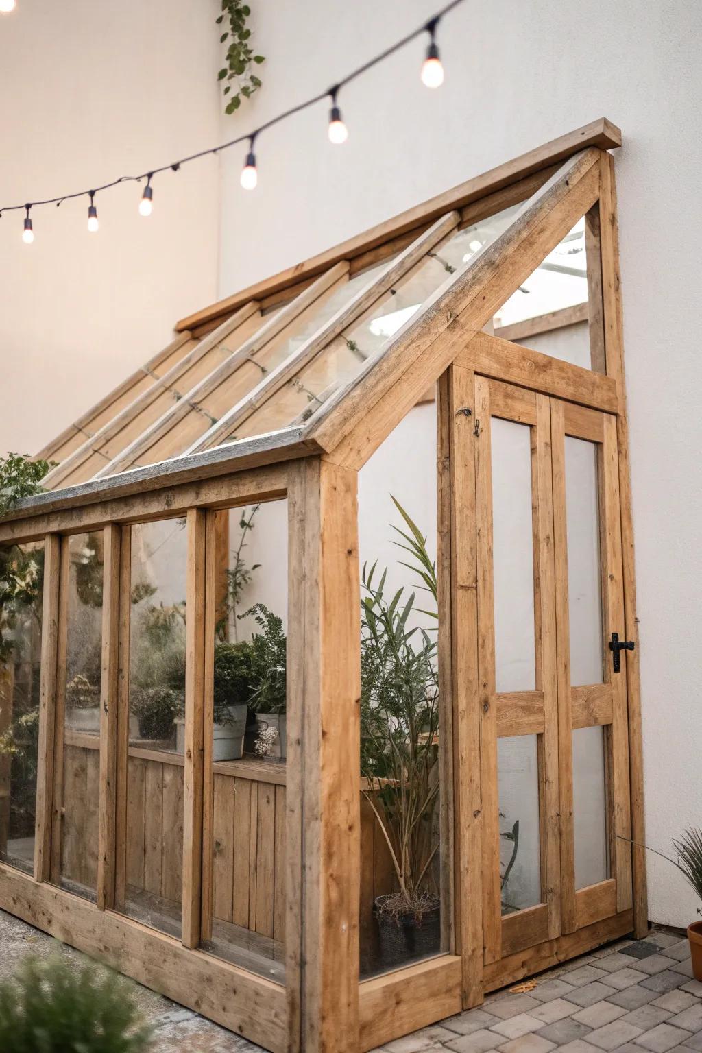 Embrace timeless elegance with a reclaimed wooden frame for your DIY greenhouse.