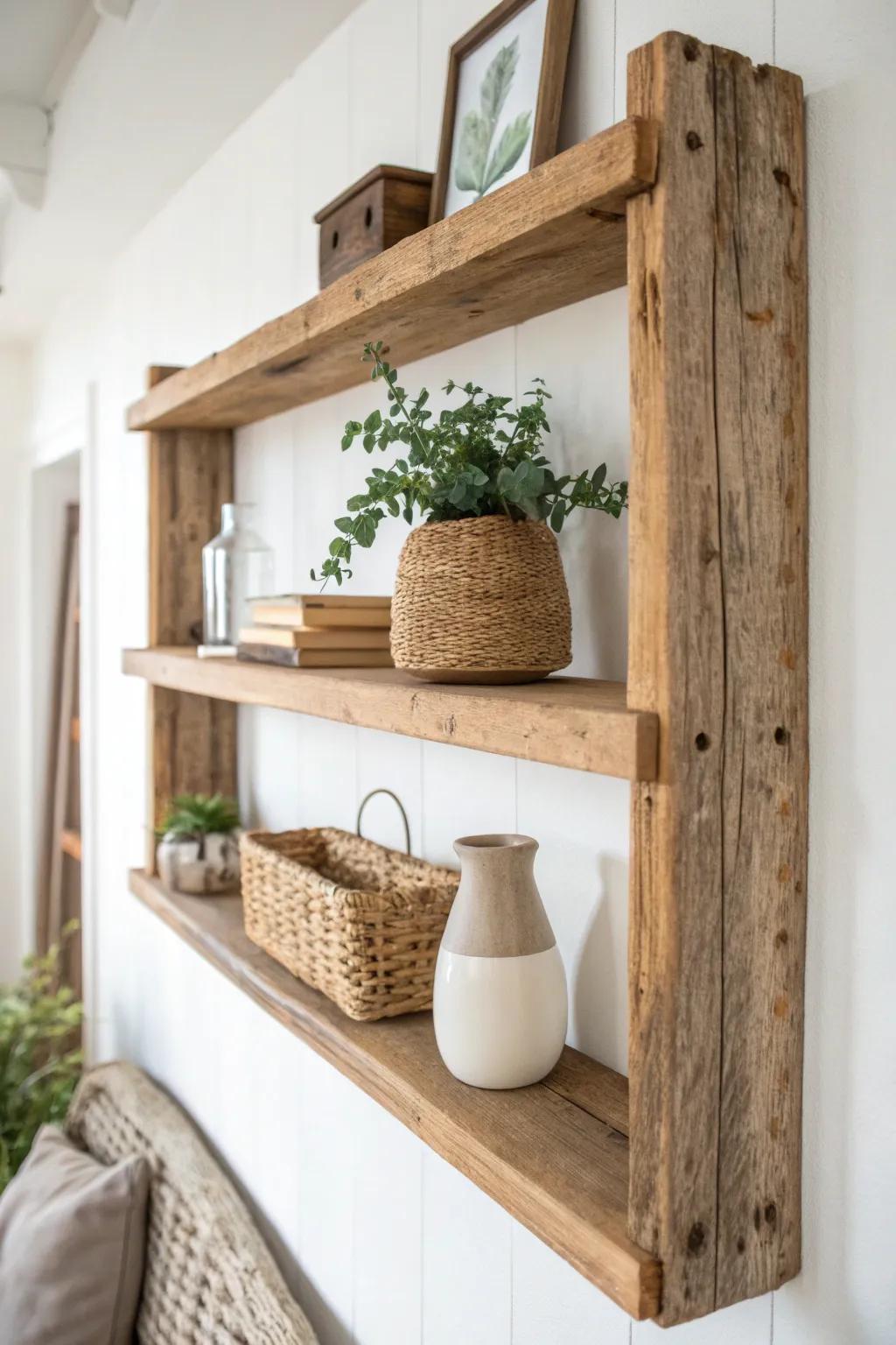 Embrace the beauty of nature with rustic reclaimed wood shelves that add warmth and character to your space.