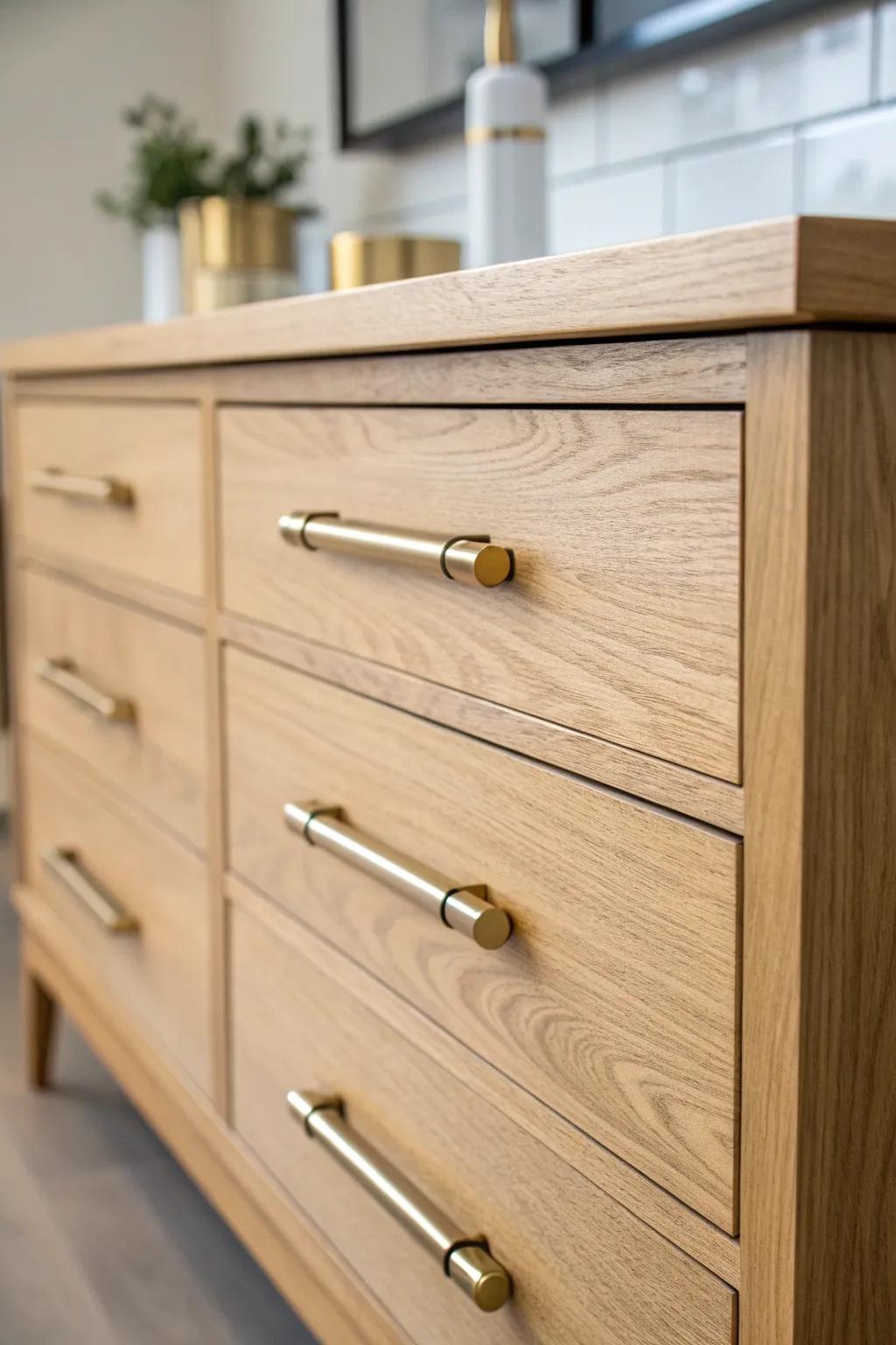 Elevate your dresser with a chic mix of brass and chrome for a touch of eclectic elegance.