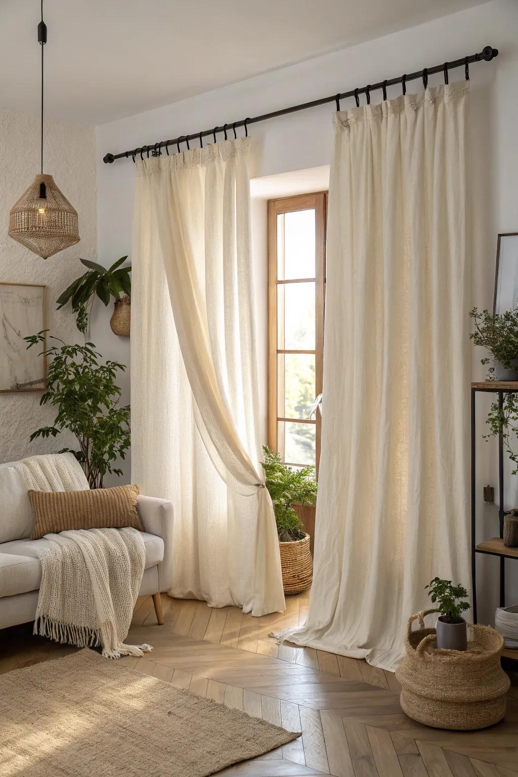 Elevate your living room with the effortless charm of drop cloth curtains, where minimalism meets boho elegance.