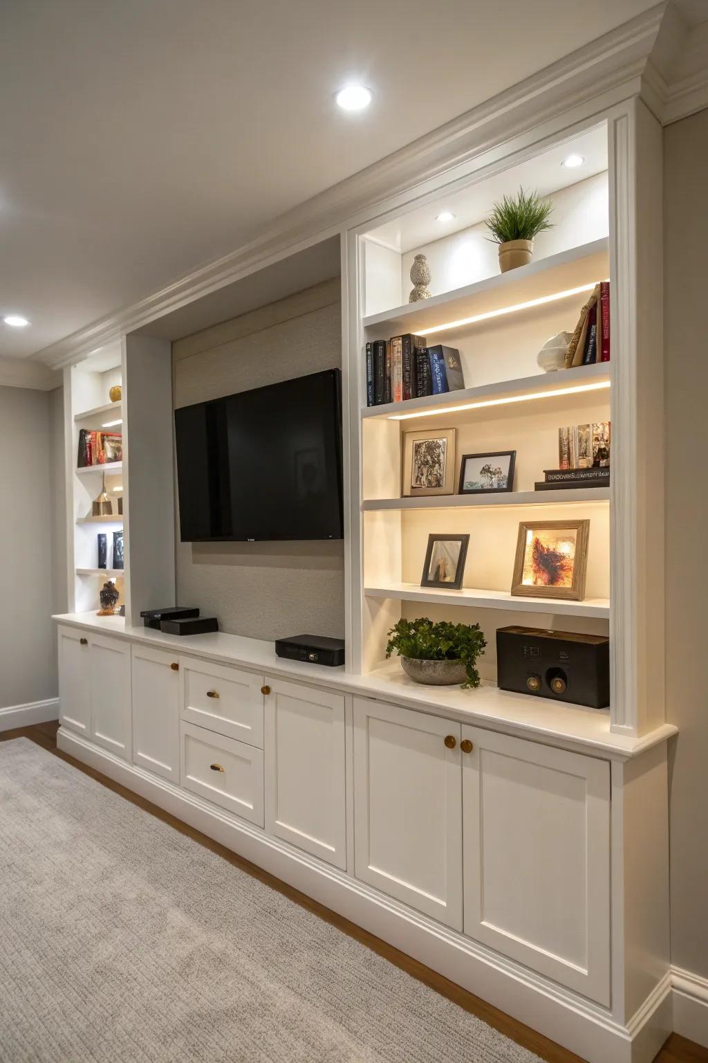 Transform your living space with a sleek built-in entertainment center that combines style and functionality.