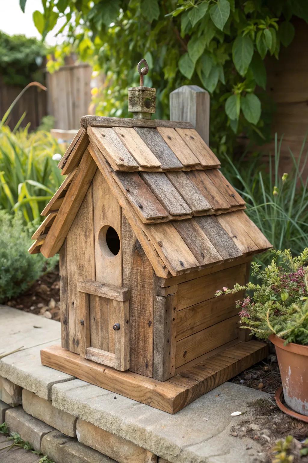 Crafted from nature: A rustic haven for ducks, blending seamlessly with the garden's beauty.
