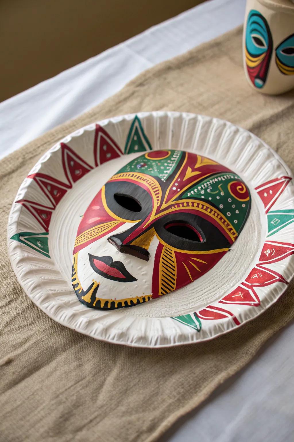Unleash your creativity with a vibrant African-inspired mask, crafted from a simple paper plate. Bold colors, stunning simplicity.