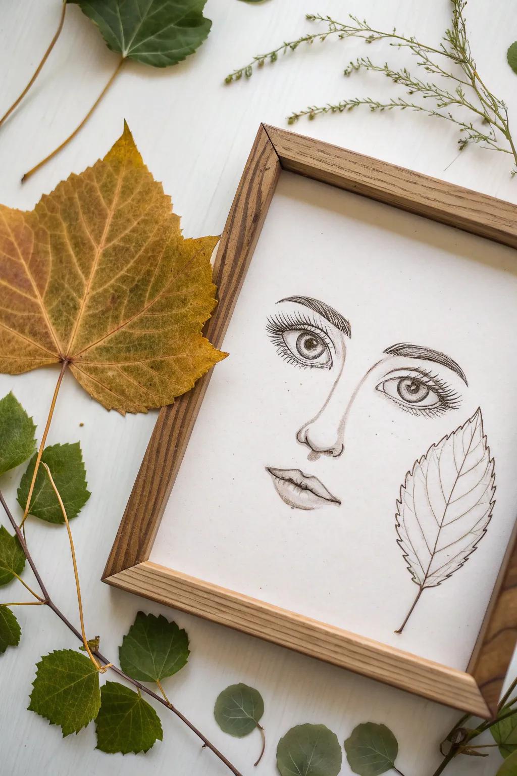 Unleash your creativity with surreal elegance: A minimalist face with leaf-shaped eyes.