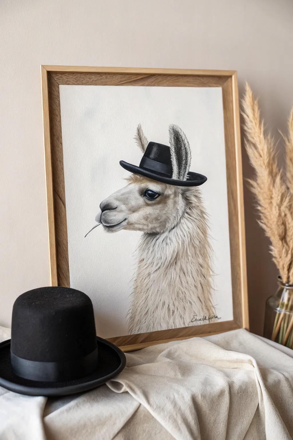 Add a dash of whimsy to your space with this charming llama in a top hat – where Scandinavian minimalism meets playful creativity!