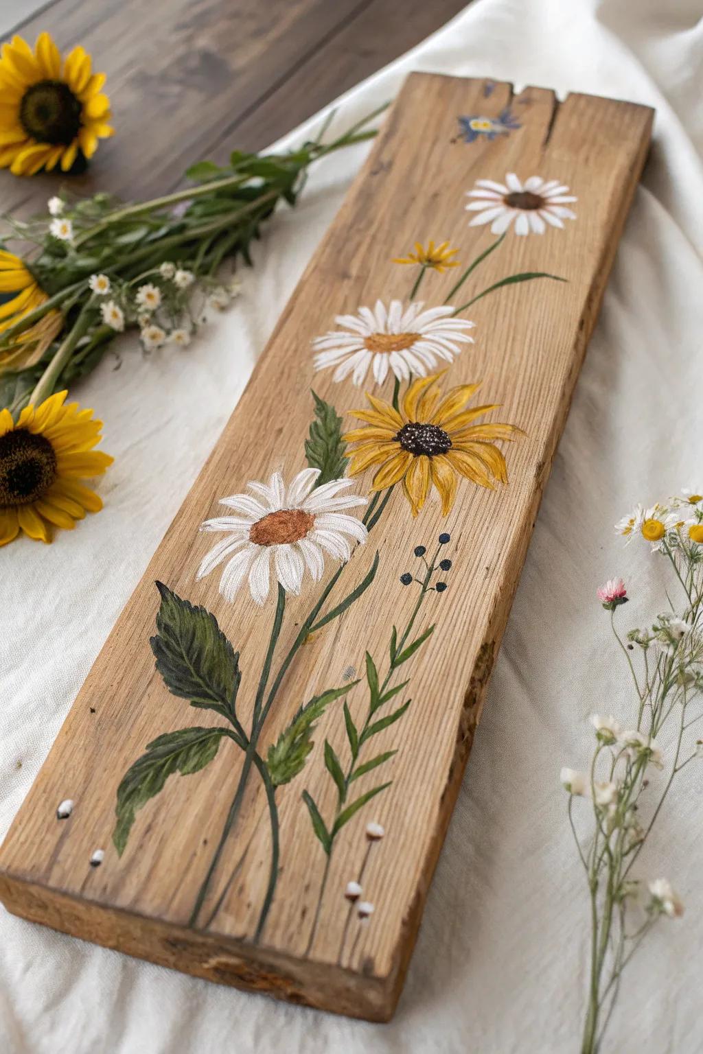 Bring the outdoors in with this charming floral art on wood—perfect for adding a touch of nature to your space!