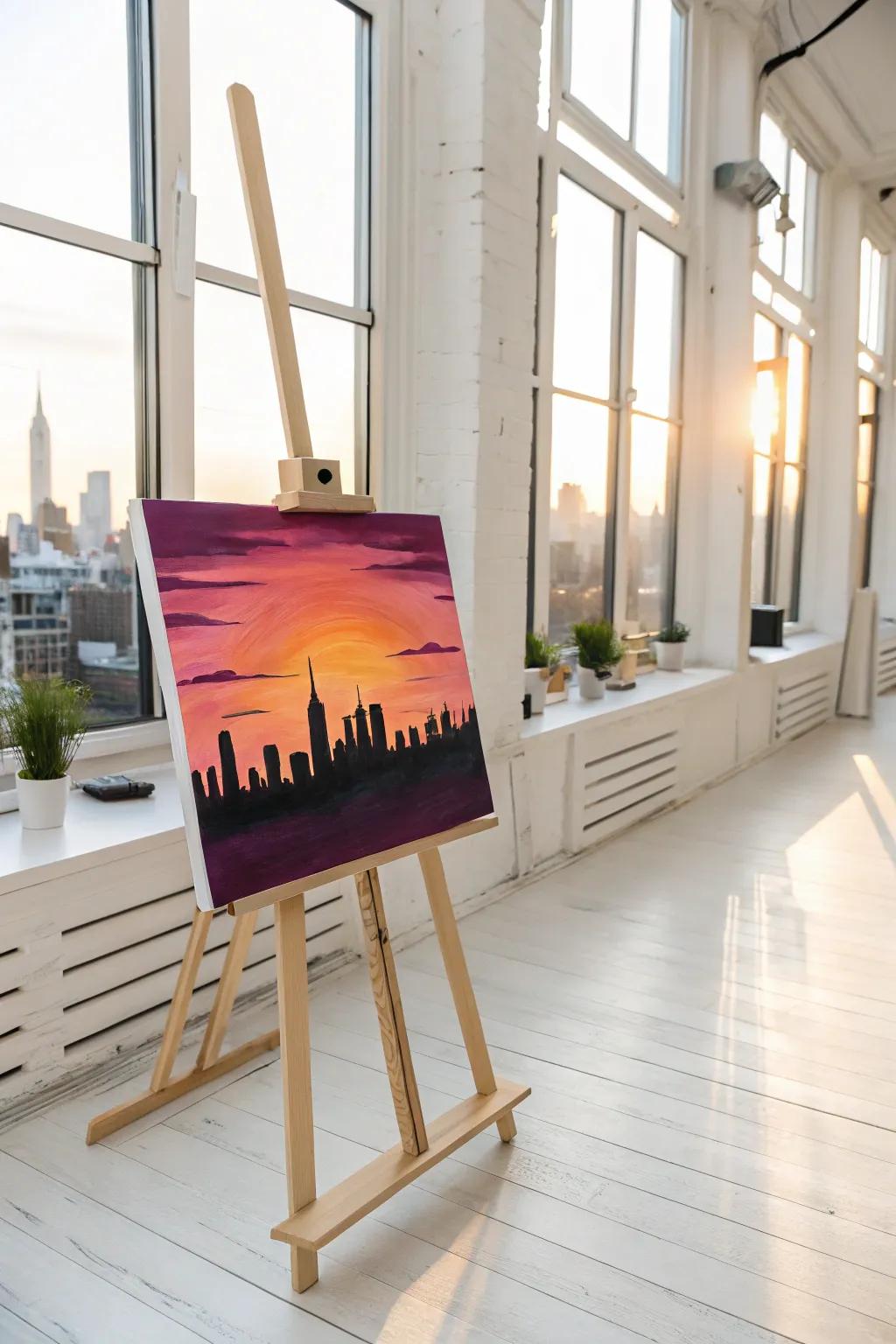 Capture the magic of a sunset with a minimalist city skyline silhouette—where simplicity meets dramatic elegance.