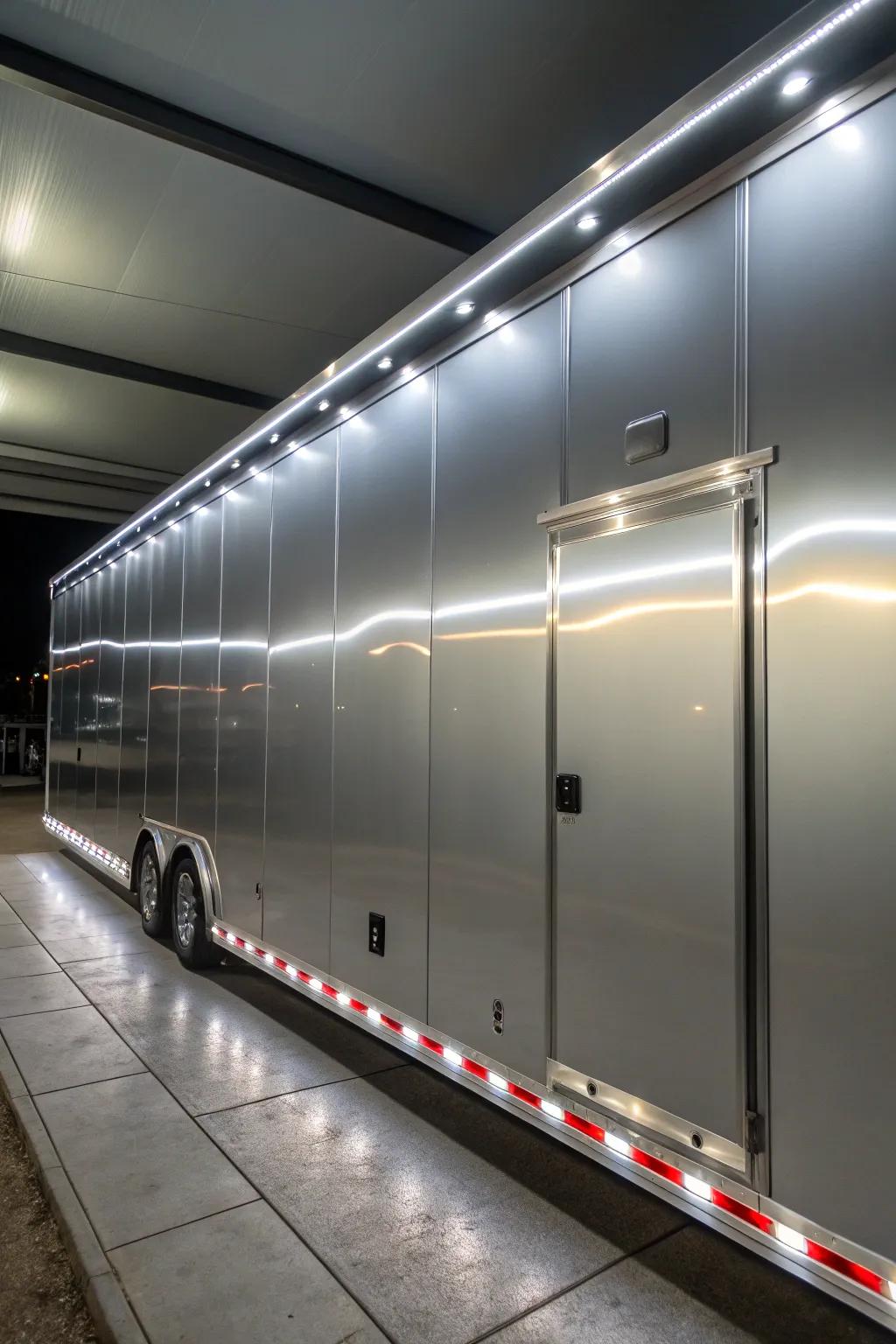 Experience the elegance of modern design with this sleek, polished trailer wall—where style meets functionality.