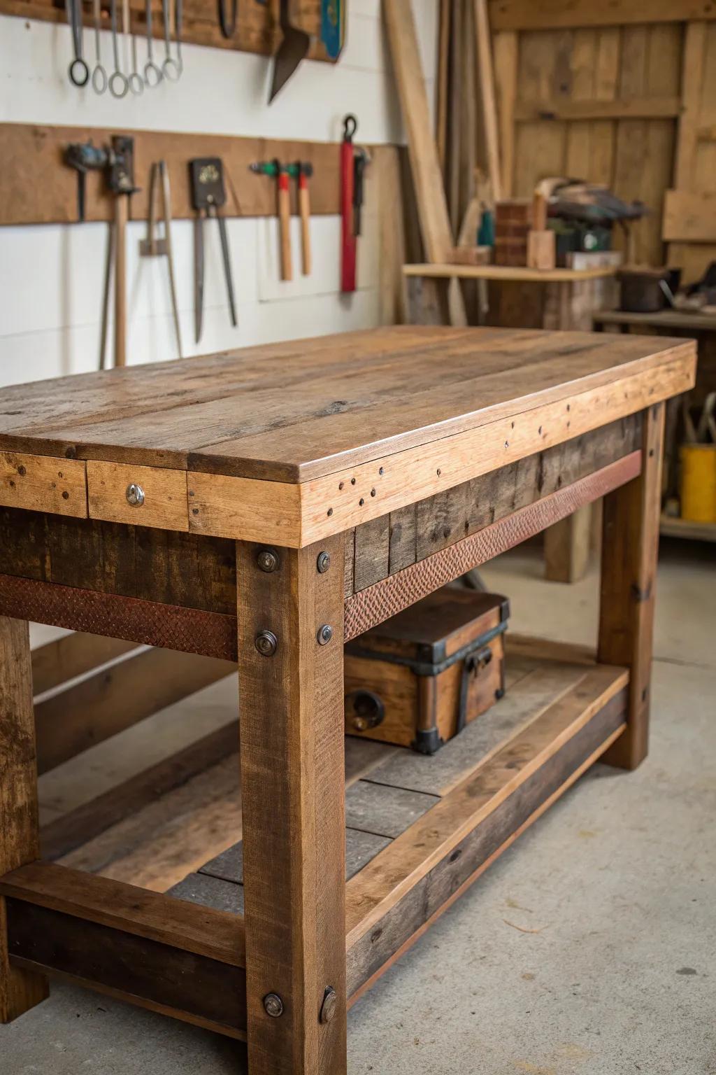 Craftsmanship at its finest: A reclaimed barn wood workbench top that stands the test of time.