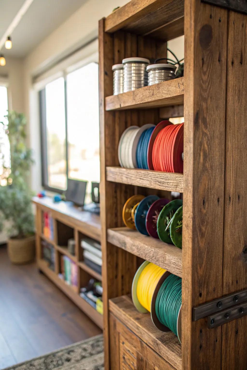 Transform your space with a crafty twist: repurpose old bookshelves for vibrant filament storage.