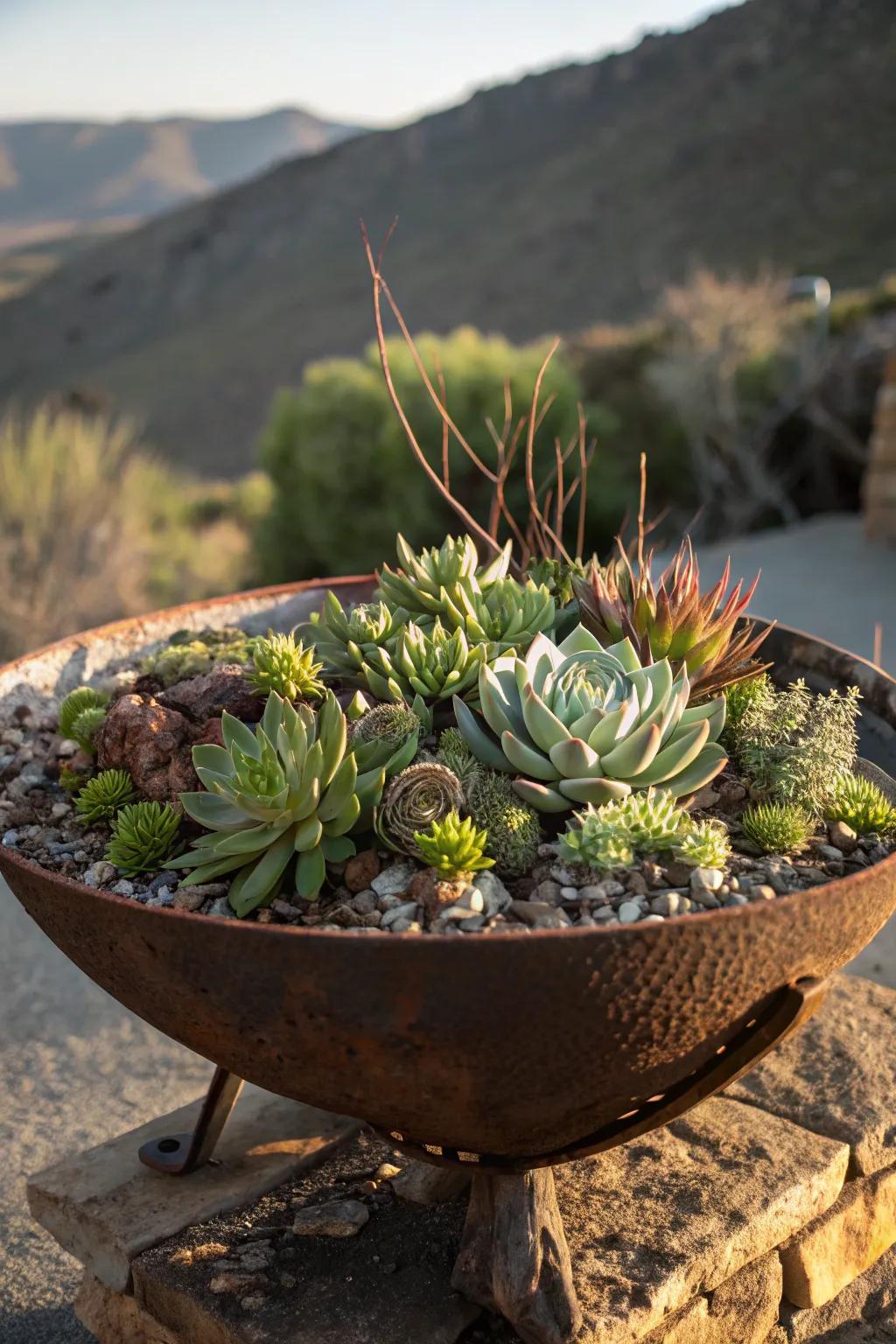 Elevate your outdoor space with a classic succulent fire pit planter, where craftsmanship meets nature.