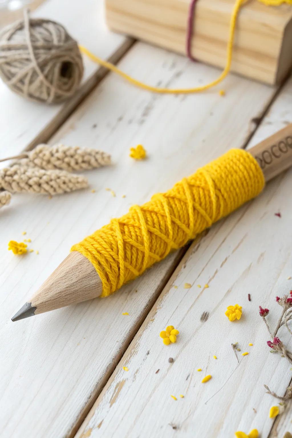 Delight in the simple joy of crafting with this yarn-wrapped pencil, a perfect blend of creativity and skill-building for little hands.