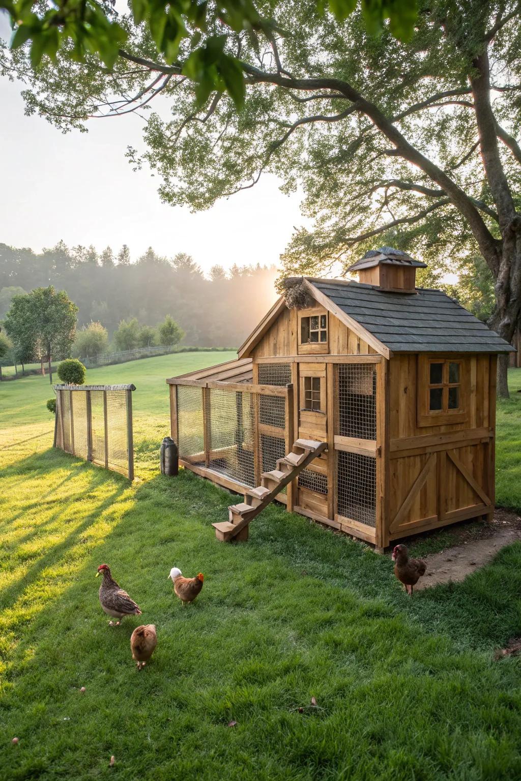 Craft the perfect outdoor retreat for your chickens with a rustic coop that blends craftsmanship and nature.