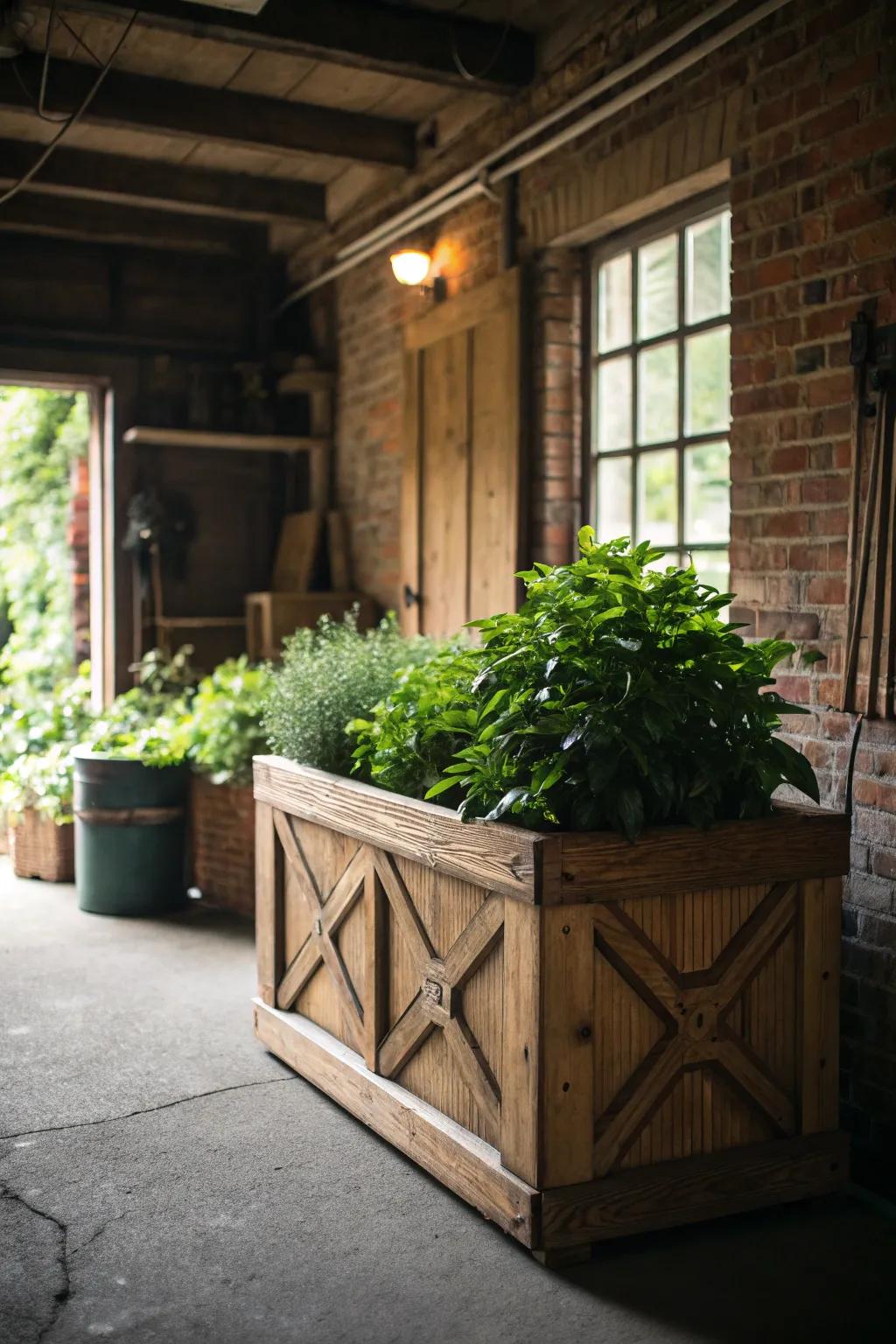 Transform your garage into a serene green oasis with handcrafted planters and lush greenery.