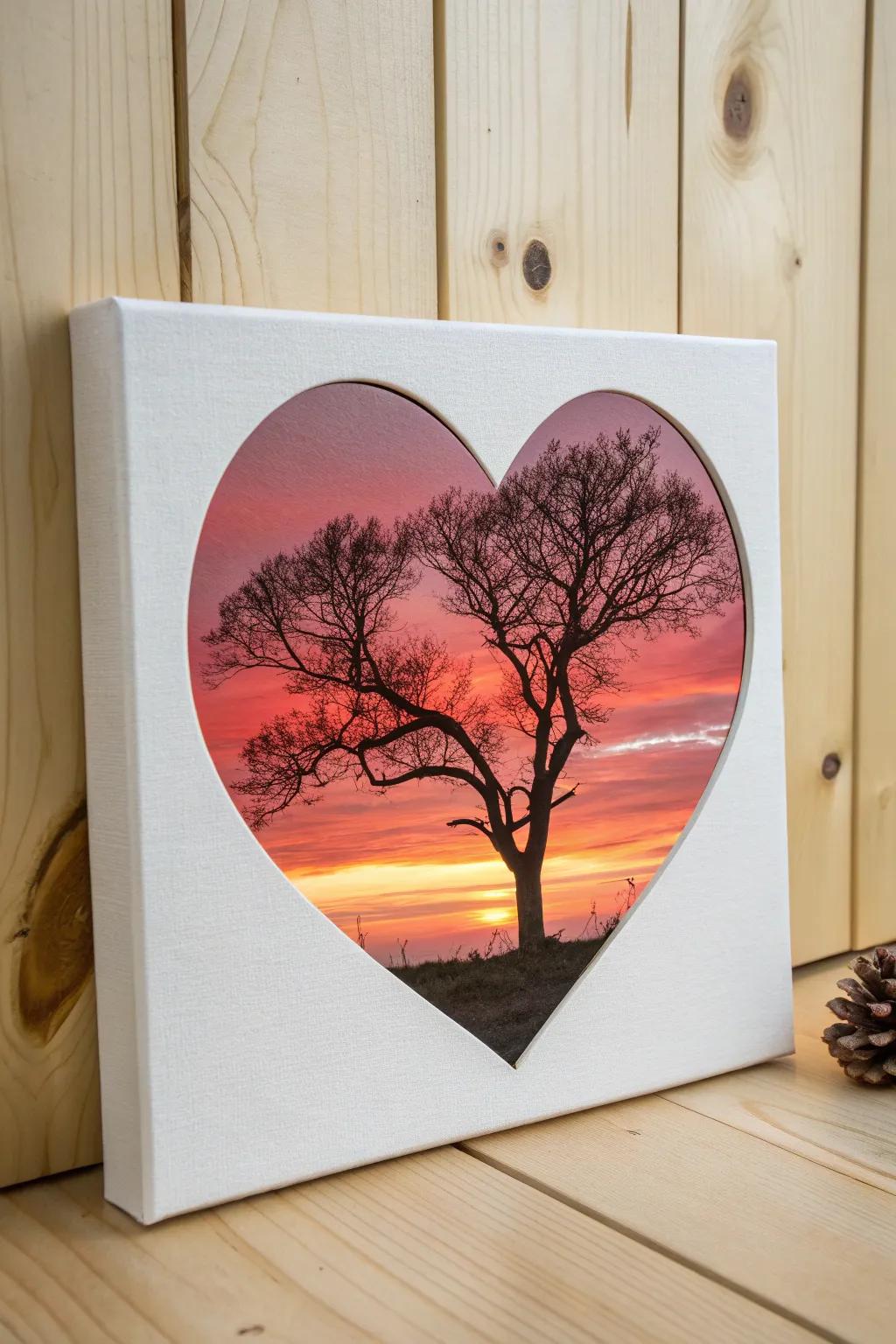 Capture the serene beauty of nature with a heart-shaped silhouette painting that radiates warmth and simplicity.
