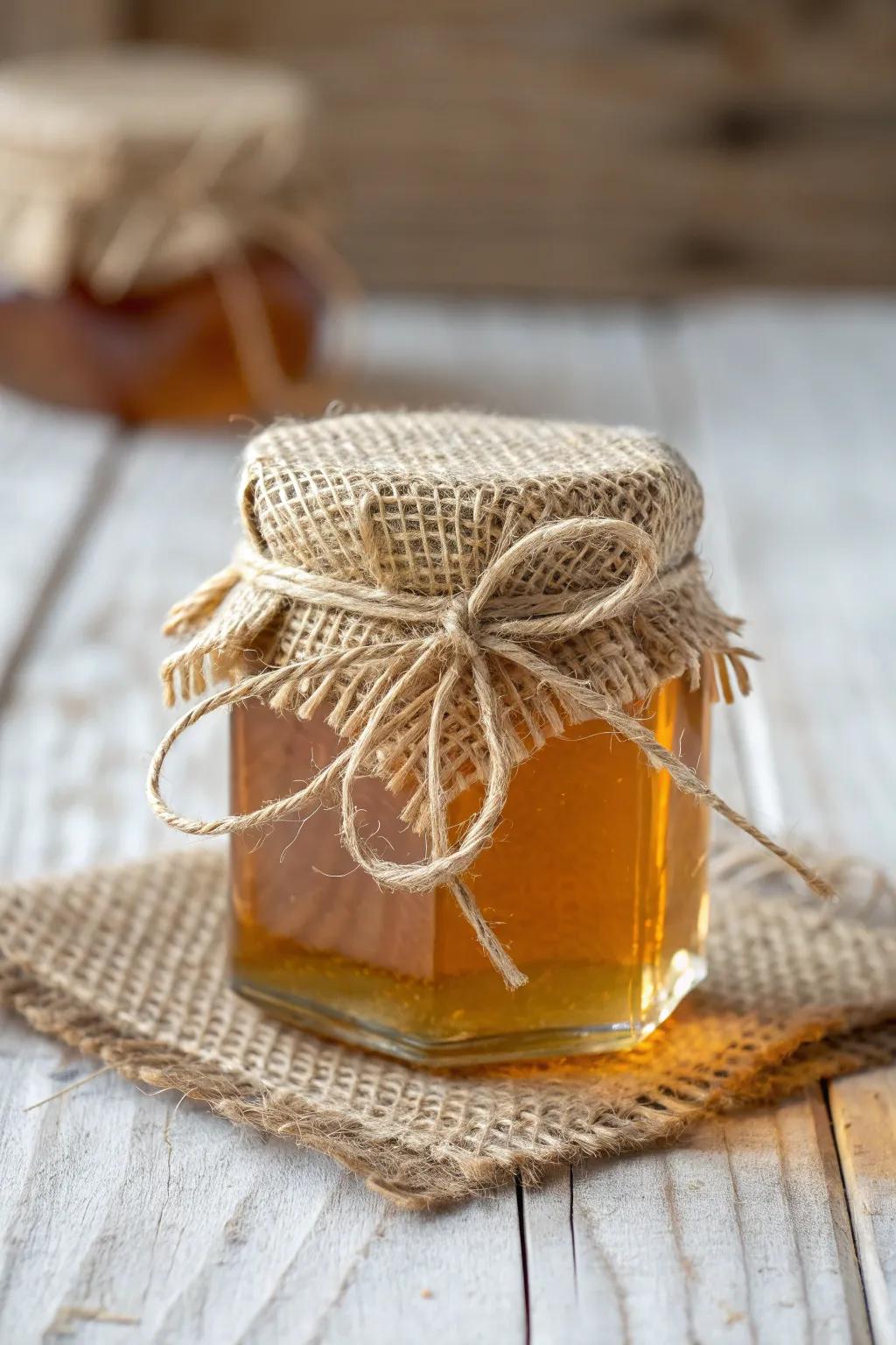 Add a touch of rustic elegance to your table with charming burlap-wrapped honey jars.