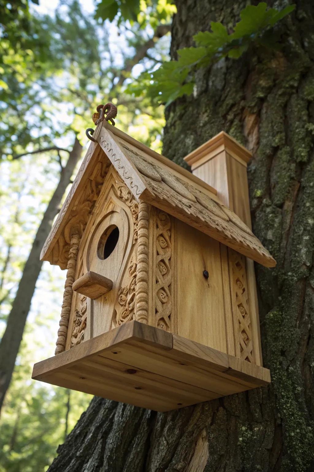 Seamlessly blending nature with craftsmanship: a birdhouse elegantly mounted on a tree trunk.