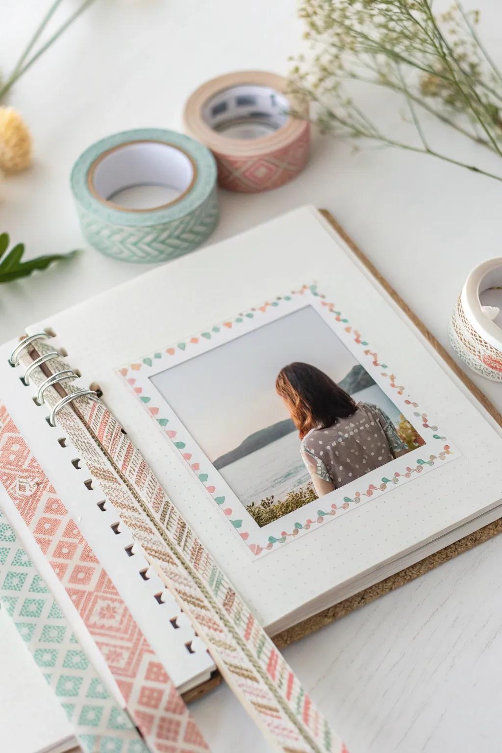 Elevate your scrapbook with elegant washi tape borders that add a touch of color and charm.