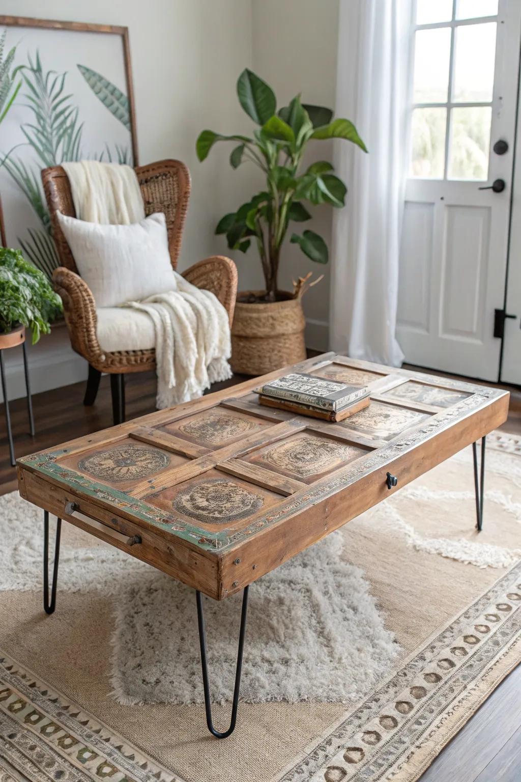 Transform your space with a touch of rustic elegance—this vintage door coffee table is a masterpiece of simplicity and style.