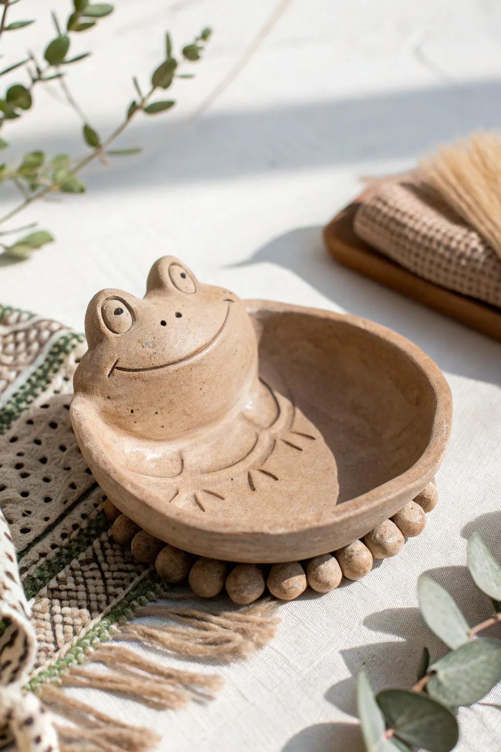 Add a touch of whimsy to your home with this charming frog-shaped trinket tray, perfect for holding keys or jewelry in style.