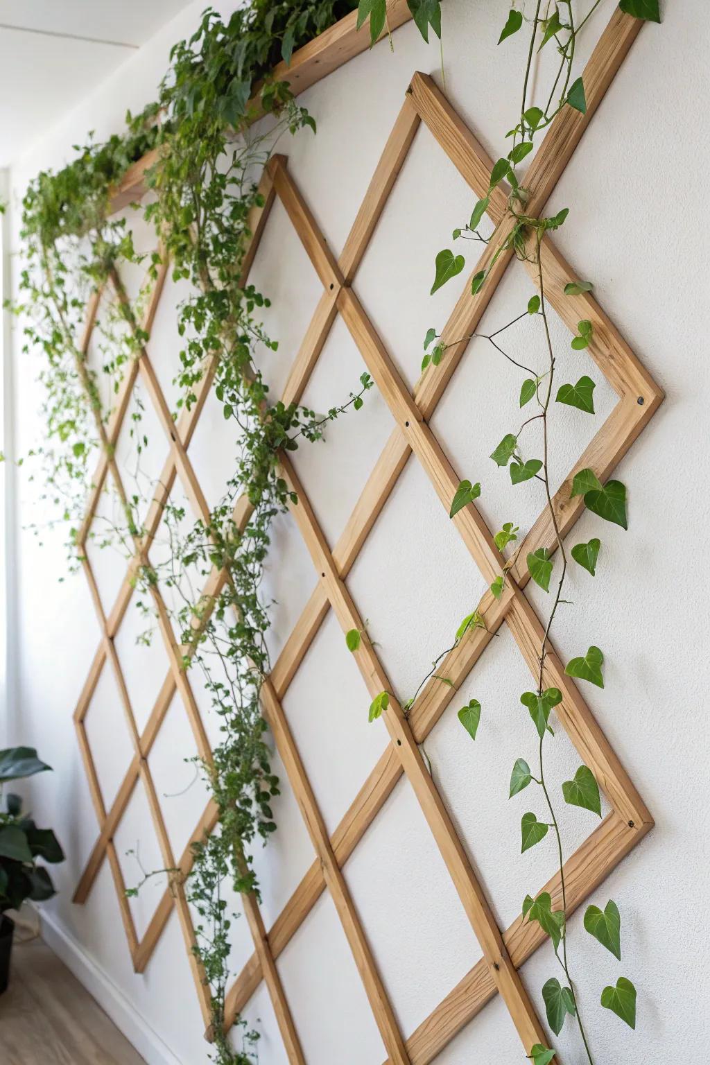 Elevate your space with a geometric wooden trellis – where modern design meets natural beauty.