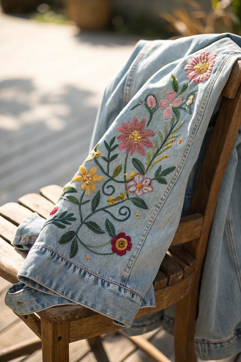 Wear a garden on your back with exquisite floral embroidery on denim—perfect for embracing nature with style.