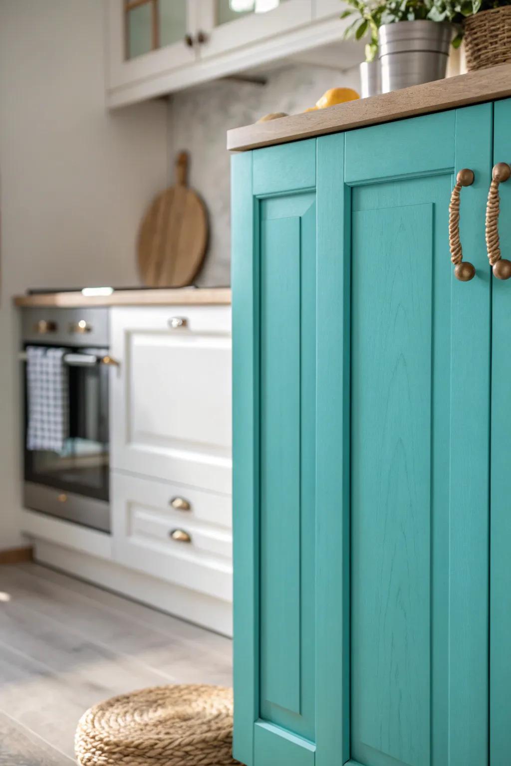 Transform your kitchen with a bold splash of turquoise, where minimalist design meets boho charm.