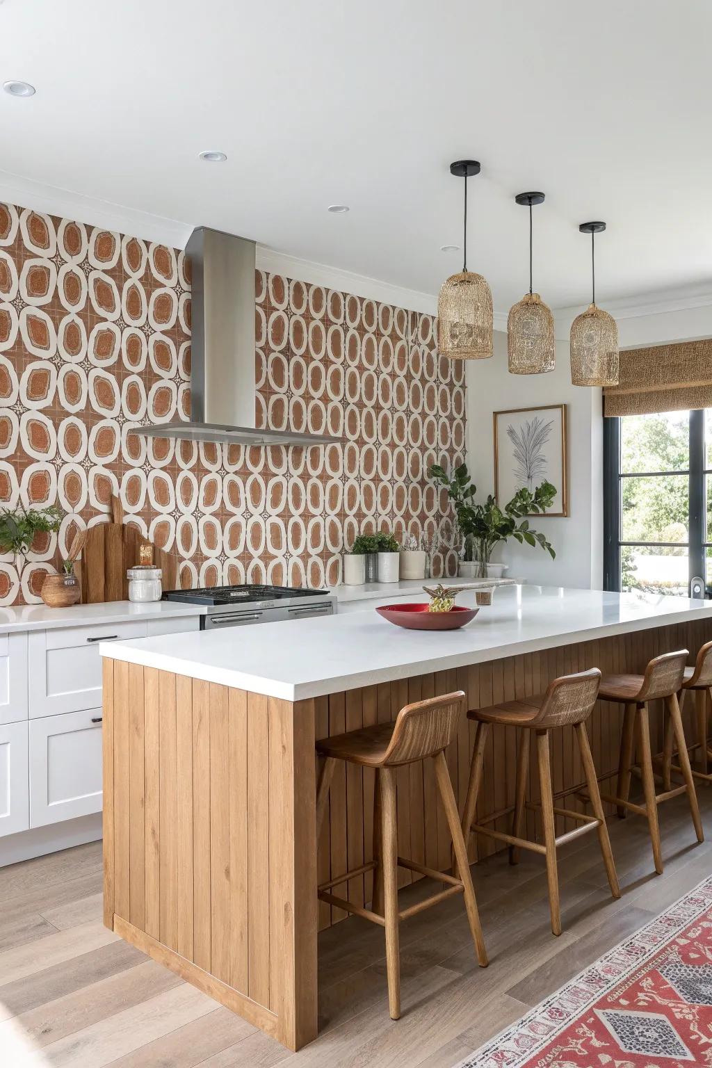 Transform your kitchen island into a statement piece with bold geometric wallpaper for a touch of personality and depth.